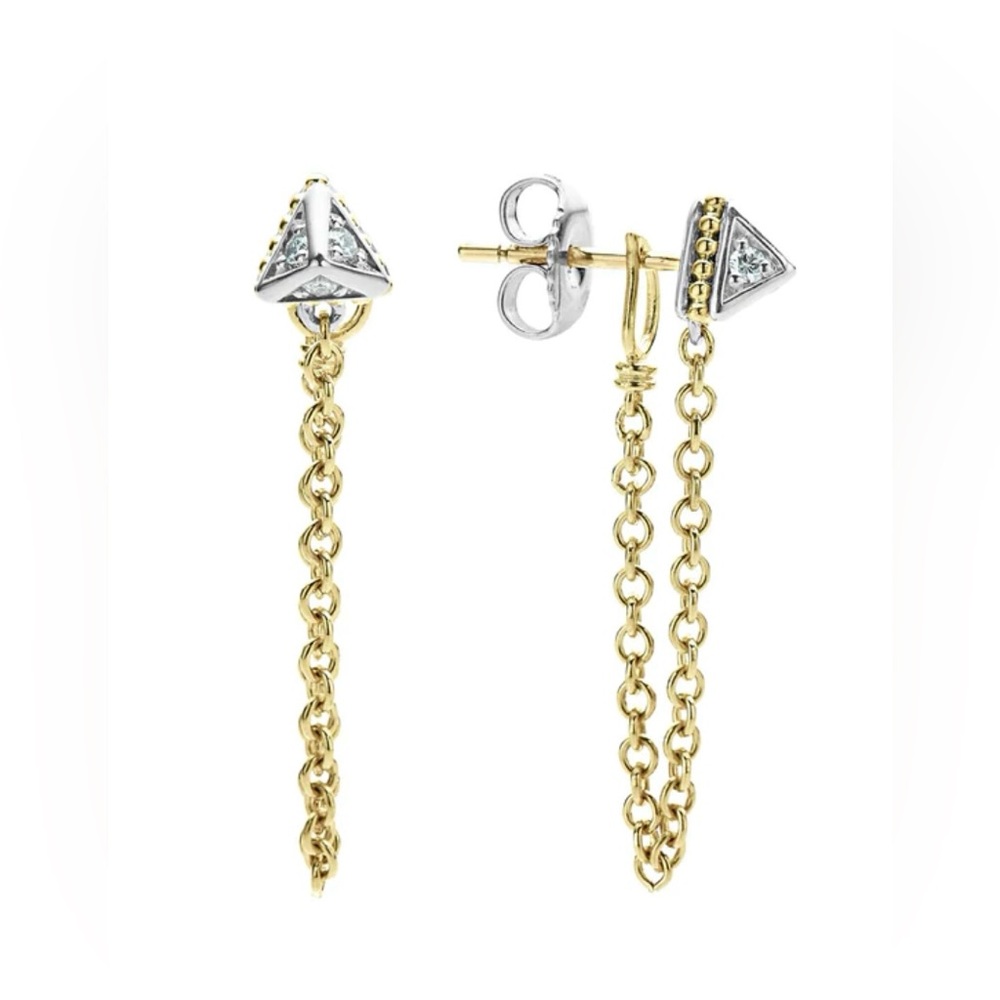 LAGOS Sterling Silver 18K Yellow Gold Caviar Diamond  Back Chain Drop Earrings